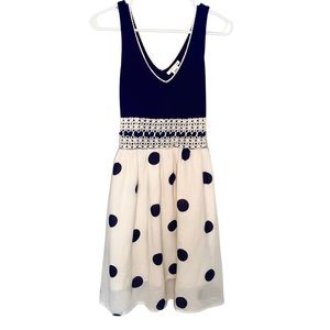 Vintage Navy Blue Dress with Polka Dots and Lace, Size Medium